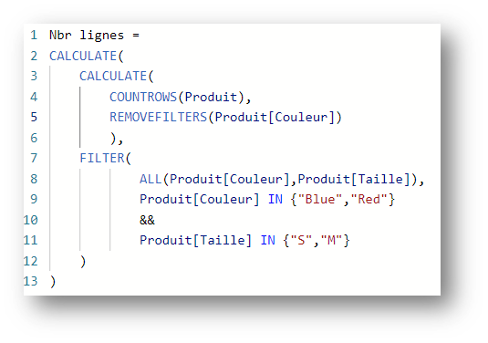DAX résultat filtre couleur et taille