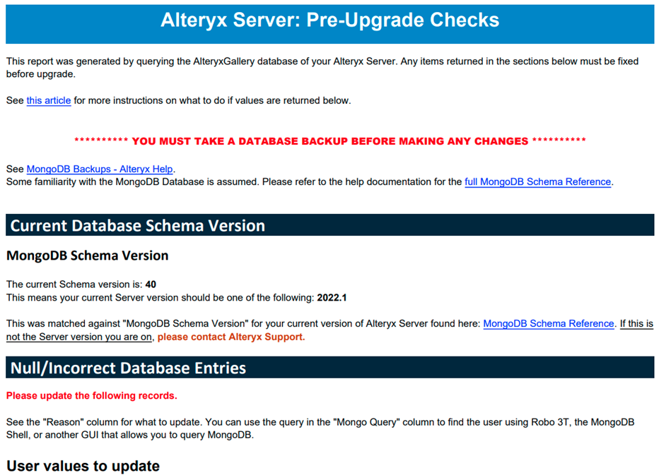 Alteryx Server : pre-upgrade checks